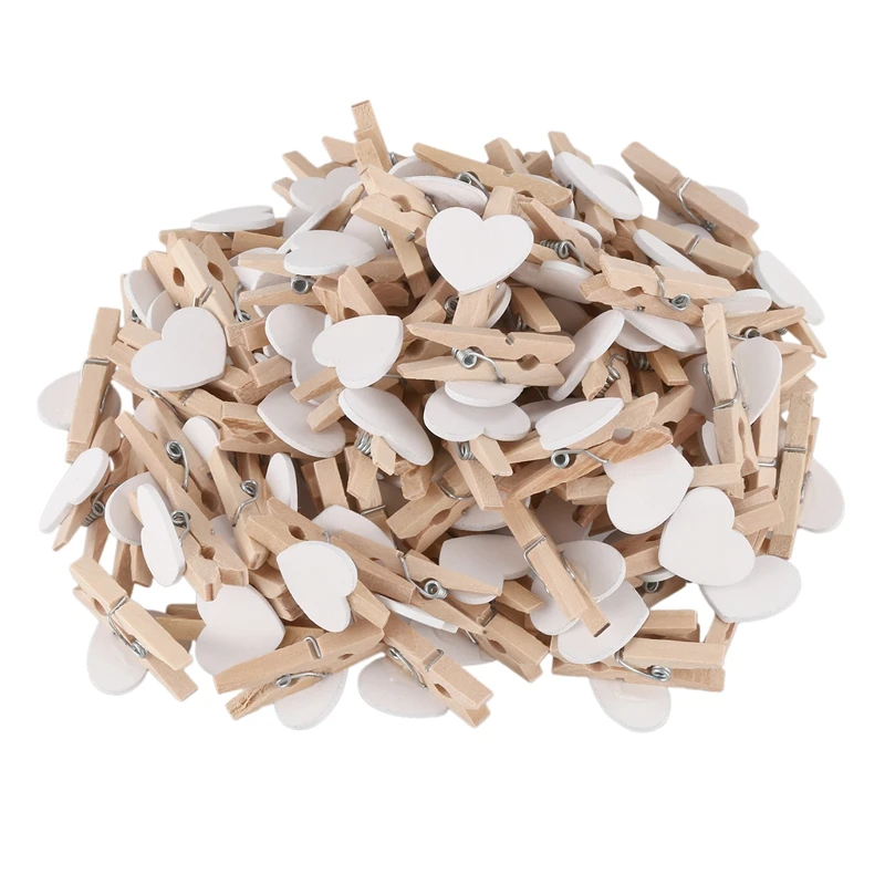 

Party Photo Paper Heart Shape Crafts Mini Wooden Clip Peg 100 pcs White