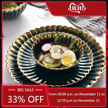 

Ceramic Western Dinner Plate Salad Bowl Advanced Phnom Penh Dark Green Chrysanthemum Shape Dessert Snack Tray Serving Platter