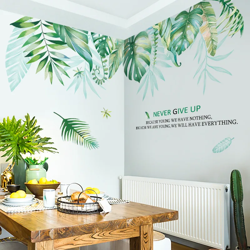 

175*96cm Europe Large Green Leaf Wall Stickers "Never Give Up" DIY Vinyl Home Decor Nature Planet Wall Decal For TV Sofa Bedroom