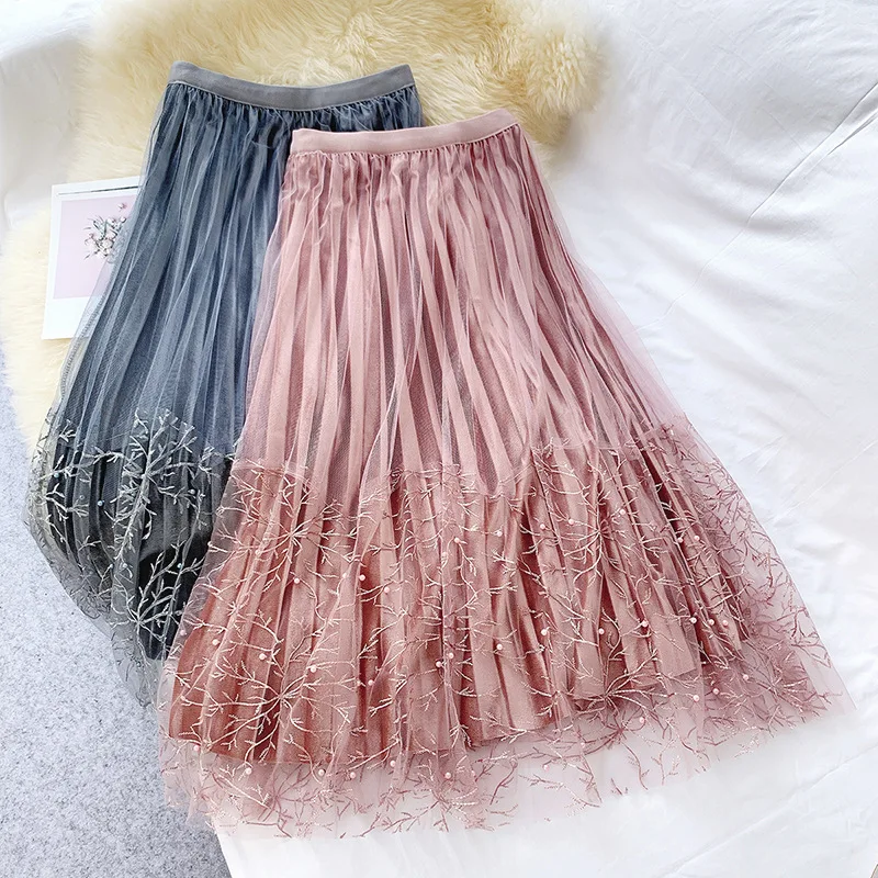 

AcFirst Autumn Winter Pink Gray Women Skirt A-Line Casual Ankle-Length Long Skirts Mesh Sweet Sexy Long Skirts Embroidery