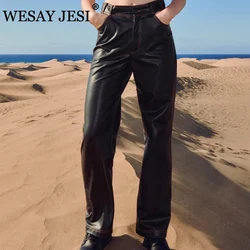 WESAY JESI ZA – pantalon en Faux cuir noir pour femme, taille haute, ample, droit, élégant, poches, Streetwear 