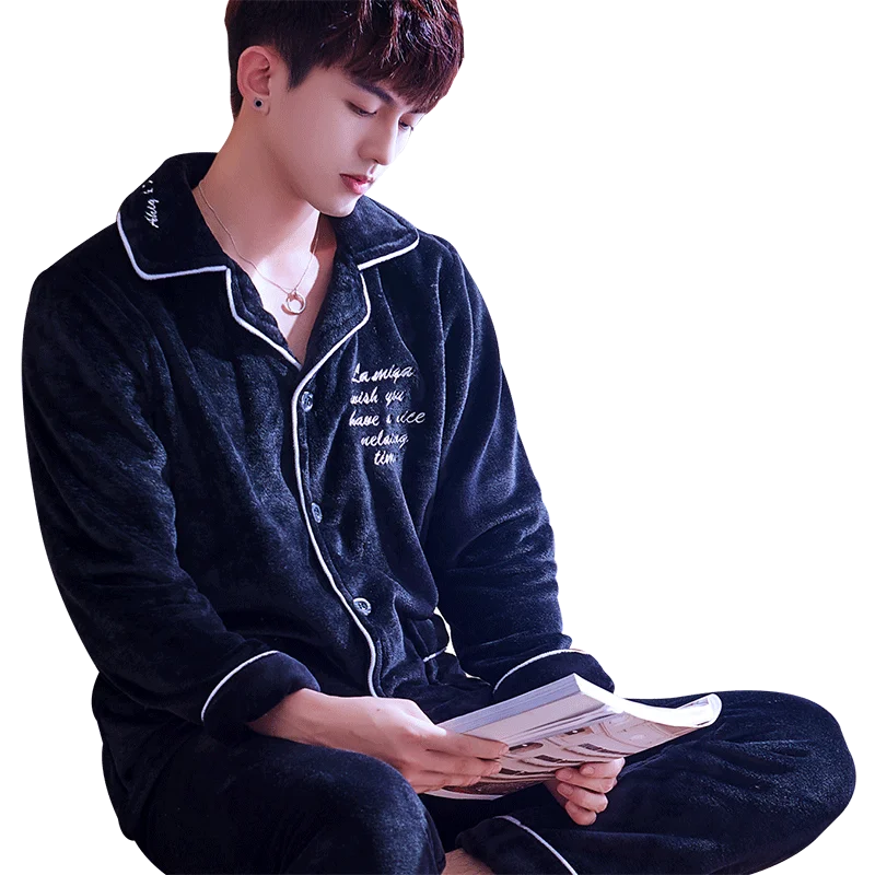 

Фланелевая ночная рубашка H5881 для мужчин, зимняя одежда для сна из черного плотного кораллового флиса, Корейская Свободная Домашняя одежда большого размера, Повседневная Мужская Ночная рубашка