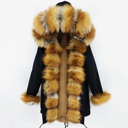 Woman winter new casual real fur coat parkas Real Fox Fur Collar faux fur lining Thick Warm Real Fur Coat Long Parka - Цвет: 21