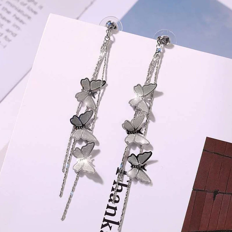 Новые серебряные серьги с 3D бабочкой Модные металлические длинные серьги-кисточки для женщин ювелирные изделия подарки на день рождения