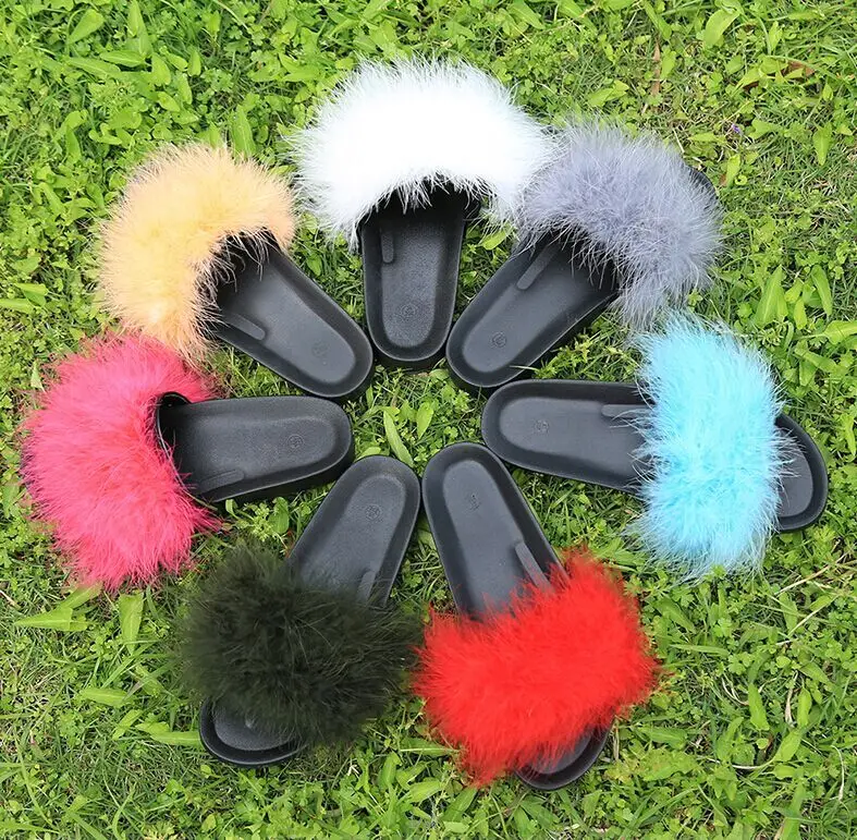 

Women Fur Slippers Furry Slide Ostrich Feather Home Slippers Fashion Flip Flops Beach Sandals Summer Women Flats Home Shoes