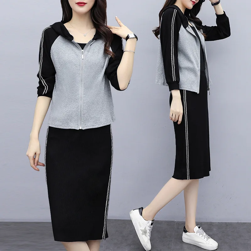 

2019 Autumn Clothing New Style Korean-style Large Size Dress Fat Mm Plus-sized Fashion Western Style Joint by Age Slimming Set
