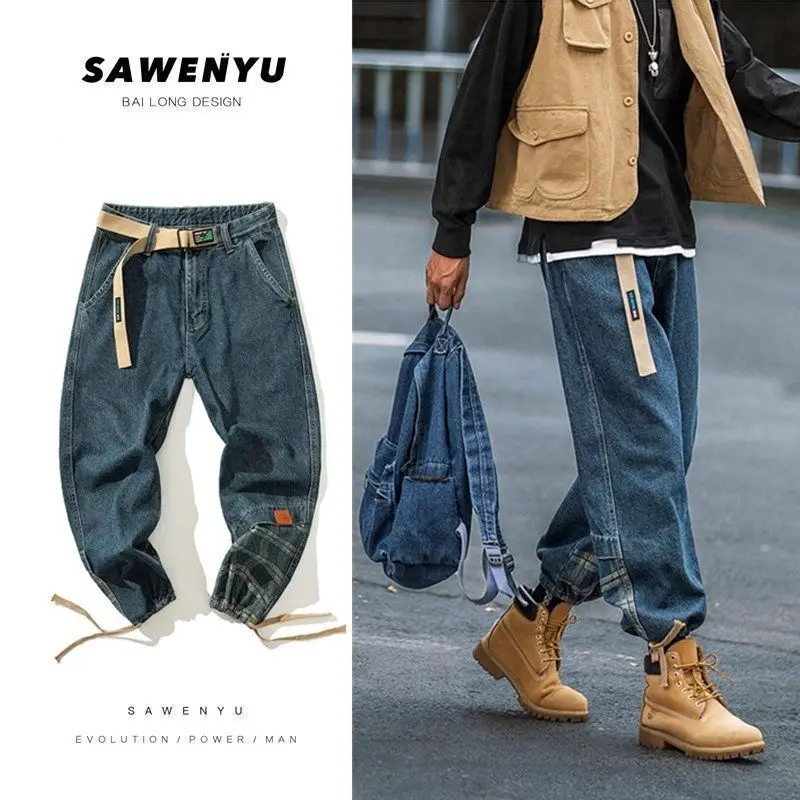 Vintage Jeans Men Plaid Stitching Cargo Jeans Casual Loose Pants Male Ankle-Tied Long Pants Denim Hip Hop Men Jeans Trousers 2022 new arrivals   luxury men slim jeans pants letter embroidery ankle zipper male hip hop denim trousers korean fashion