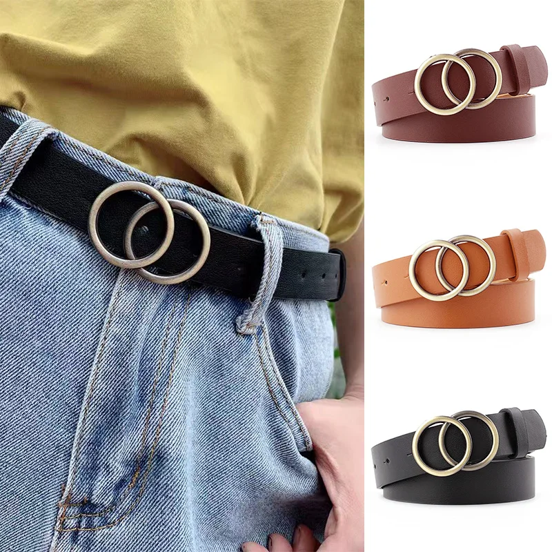Women Fashion Big Double Ring Circle Metal Buckle Belt Wild Waistband Ladies Wide Leather Straps Belts for Leisure Dress Jeans