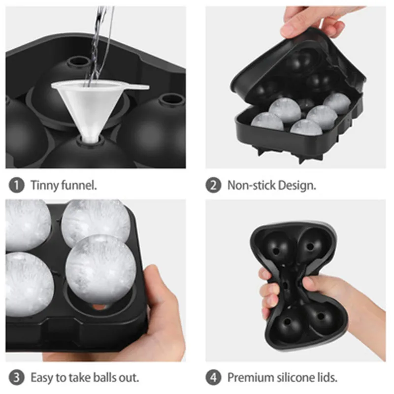 Black Silicone Spherical 4 Round Ball Ice Tray