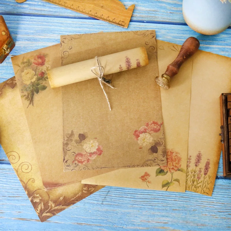 Papel de escritura Vintage Kraft, 8 hojas, diseño de flores, papel de letras marrón, papel de escritura creativo romántico para felicitación
