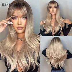 HENRY MARG Long Wavy Synthetic Wigs Brown to Ash Blonde Ombre with Bangs Wig Daily Cosplay Party Heat Resistant Wigs for Women