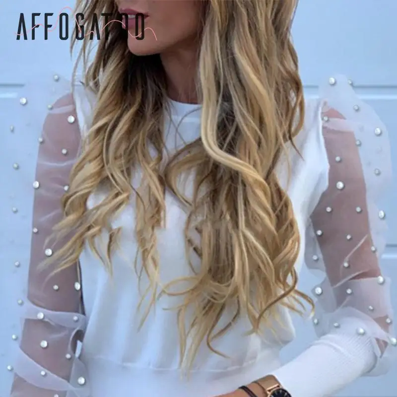Koop Affogatoo Elegante parel mesh witte blouse shirt vrouwen Bladerdeeg mouw vrouwelijke gebreide top overhemd Casual herfst feestkleding dames tops