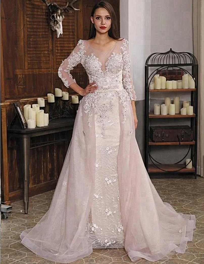 Pink Long Sleeves Lace Mermaid Evening Dress with Detachable Train Beaded Appliques Formal Prom Gowns Plus Size