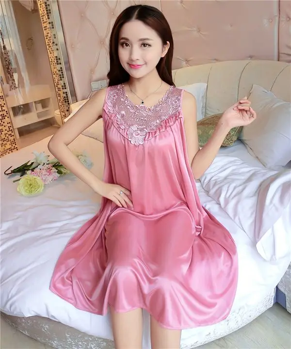 Женская длинная ночная рубашка, летняя повседневная домашняя одежда, ночная рубашка без рукавов, сексуальная ночная рубашка из искусственного шелка, ночная рубашка - Цвет: hot pink
