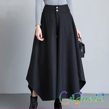 

2019 Plus Size Autumn And Winter Designer Dark Wind Black Woolen 50% Wool Wide Leg Pants Female Skirt Pants Neutral Casual tide