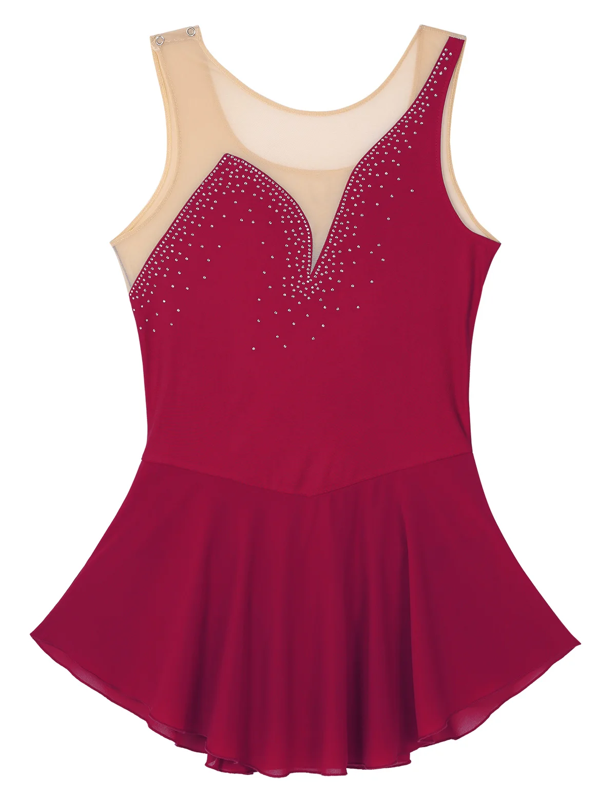 iEFiEL Women Adult Dancing Costumes Mesh Splice Bodice with Shiny Rhinestones Figure Skating Dancewear Gymnastics Leotard Dress - Цвет: Burgundy