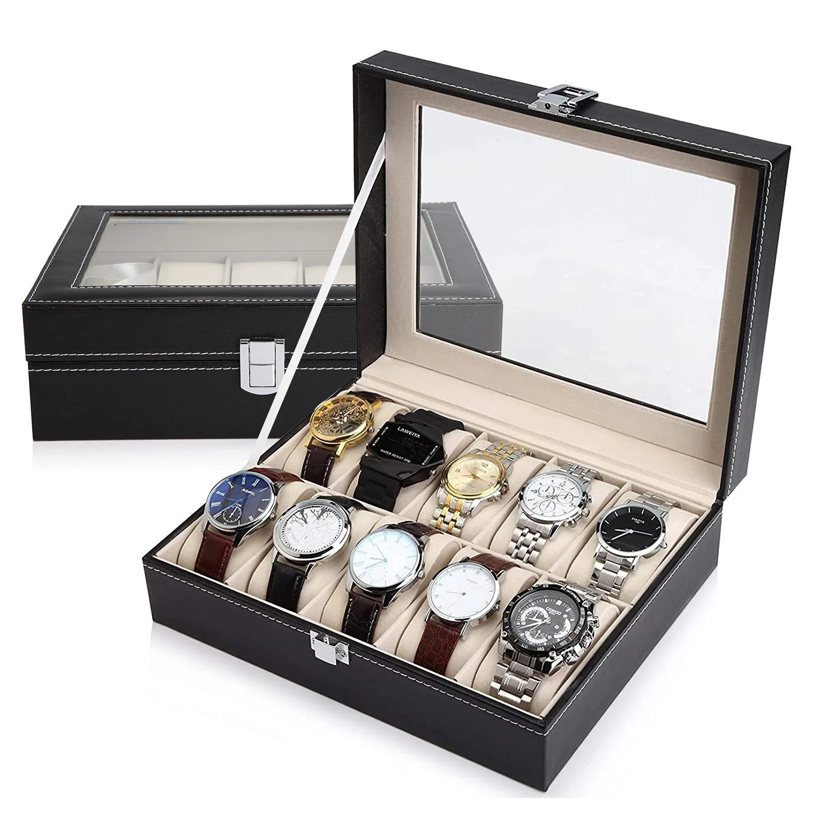 Watch Box Leather 3/6/10/12 Grids For Bracelet Watches Jewelry Display
