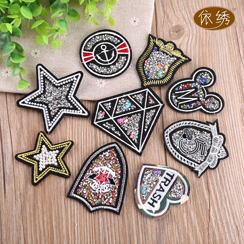 

Fashion Star Heart Hand-stitched Rhinestone Badge Iron on Patches for Clothing Stripe Embroidered Patch Beaded Applique G