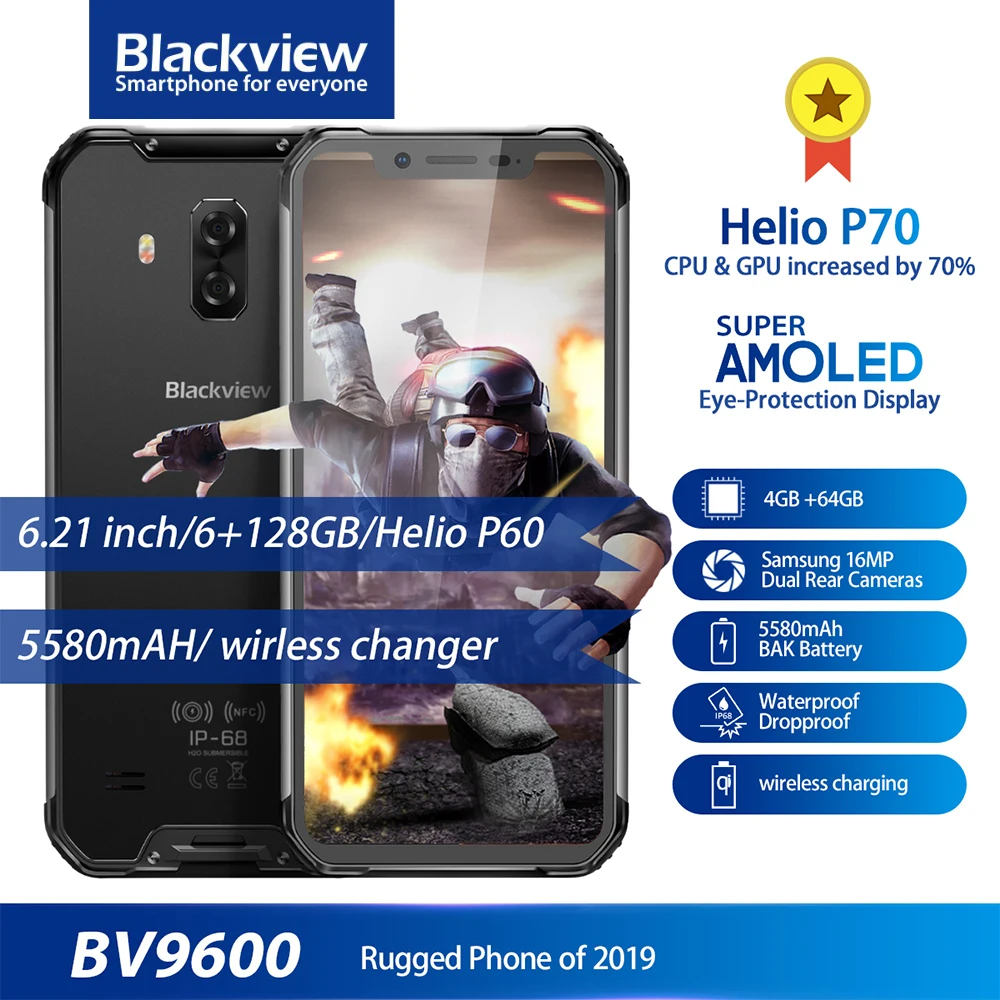 Blackview BV9600 IP68 IP69K прочный водонепроницаемый Helio P70 Global 4G телефон 6,2" Android 9,0 смартфон 4 Гб 64 Гб MT6771T 5580 мАч