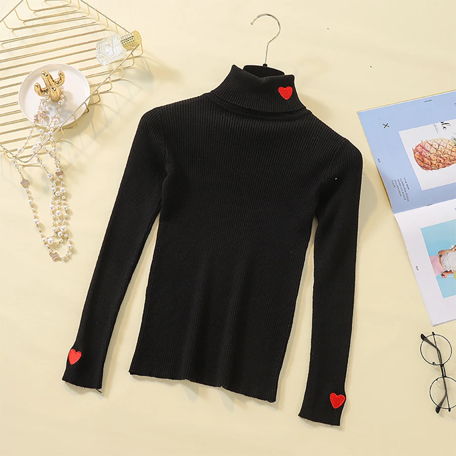 Autumn Winter Love Embroidery Pullover Sweaters Women Solid Warm Turtleneck Knitted Sweater Female Korean Long Sleeve Base Top