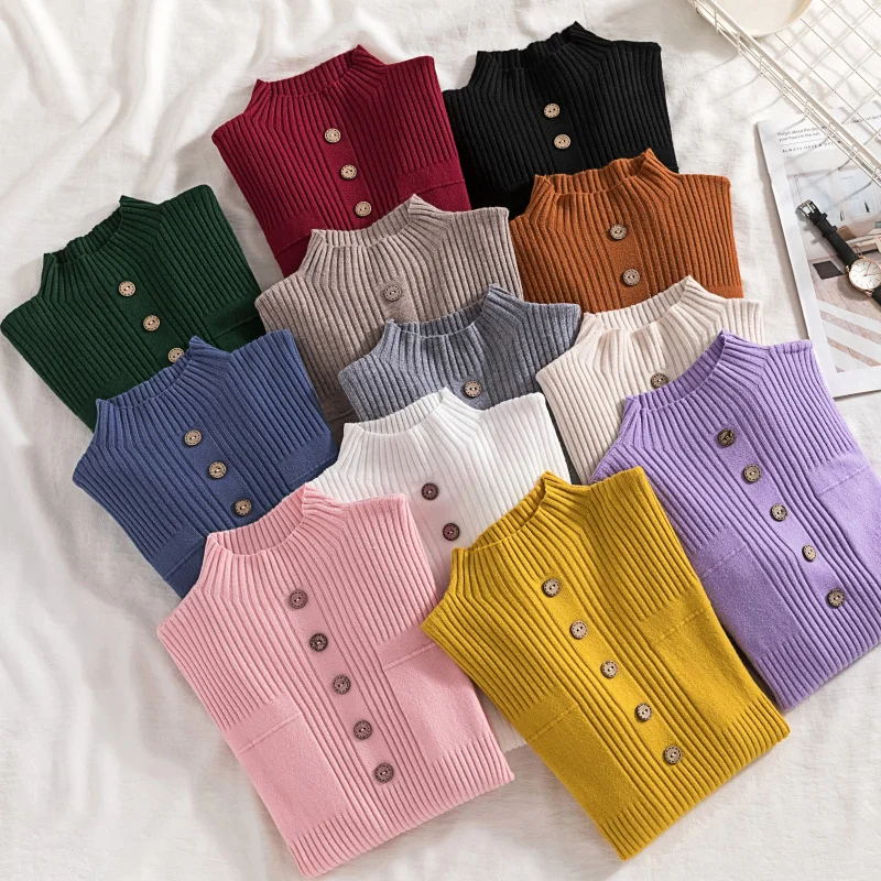 Womens Sweaters 2020 New Fashion Button Turtleneck Sweater Women Soft Knitted Ladies Winter Tops Pullover Jumpers | Женская одежда