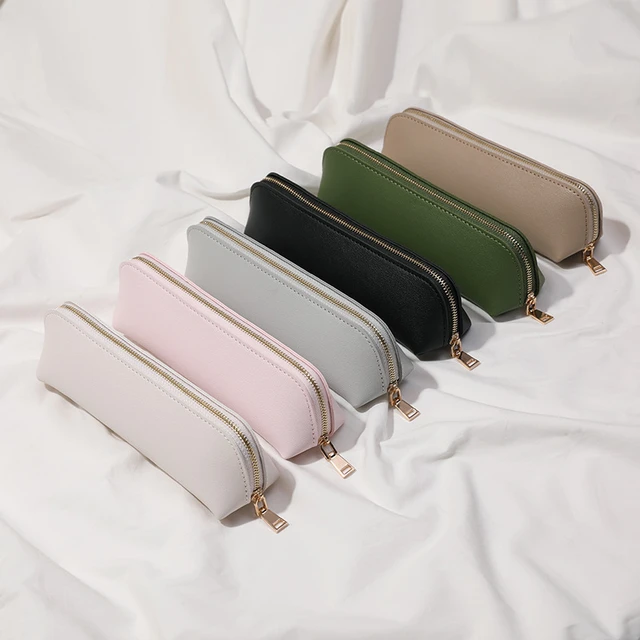 Compact Pencil Case Slim Pencil Pouch Leather Zipper Pen, Pencil & Cosmetic  Case - Pouch Stationery Bag