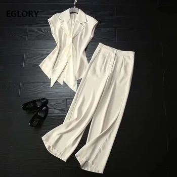 

High Quality Work Suits 2020 Summer Pant Suits Women Bow Tie Short Sleeve Tops Shirt+Full Length Wide Leg Pant Set Female