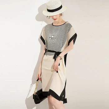 

100% Silk Dress Women Elegant Design Printed Loose O Neck Short Bat Sleeves Cashes Casual Style New Fashion