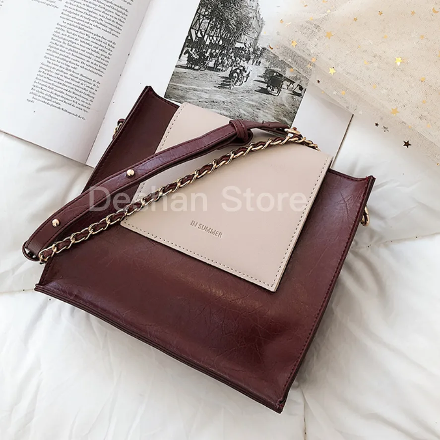 

Contrast Color Square Tote Bag 2020 Fashion New High Quality PU Leather Women's Designer Handbag Chain Shoulder Messenger Bag