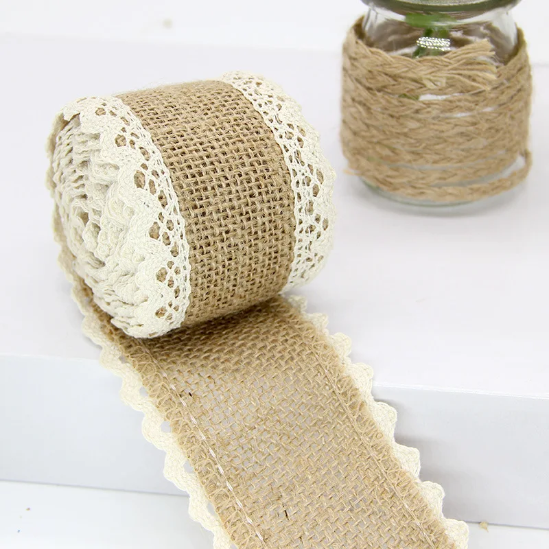 2m 6cm Width Burlap Ribbon with Lace Jute Craft Ribbons Natural Hessian