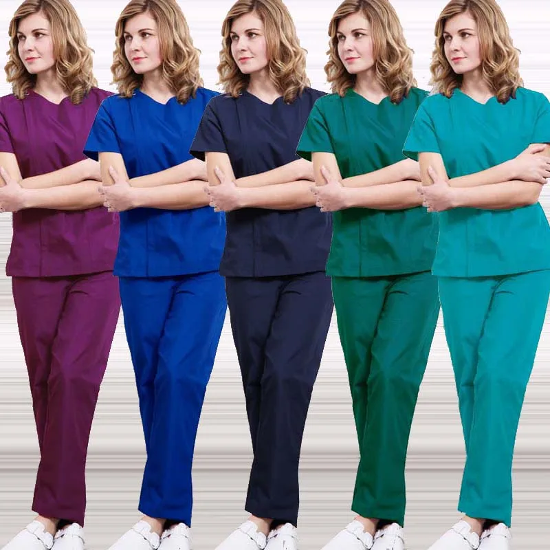 

Medical Uniforms Women Zipper Opening Scrub Top Cotton Short Sleeve Doctor Nurse SPA Clothing Elastic Waistline Drawstring Pants