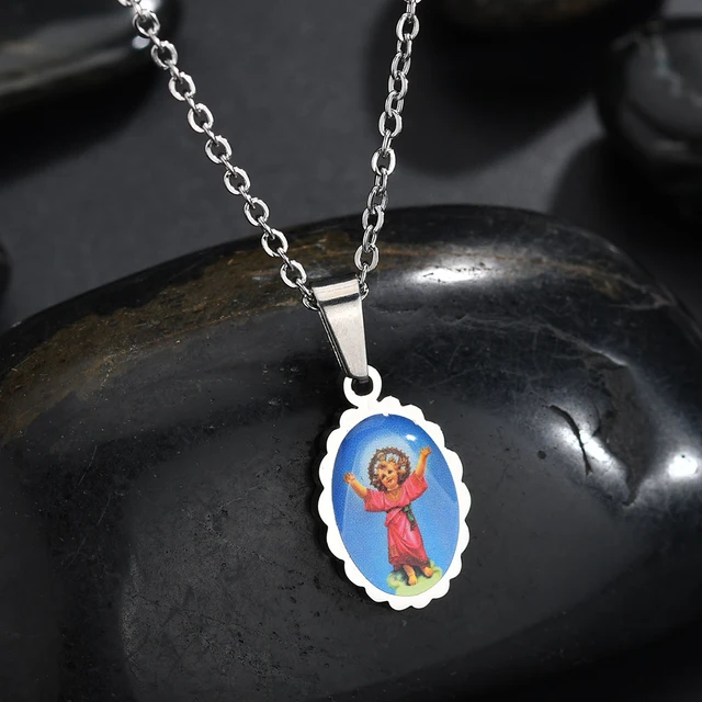 Akizoom Pendant Necklace Virgin Mary Golden Color Christian Jesus Oval Stainless Steel Catholic Men Women Religion Gifts N496 silver