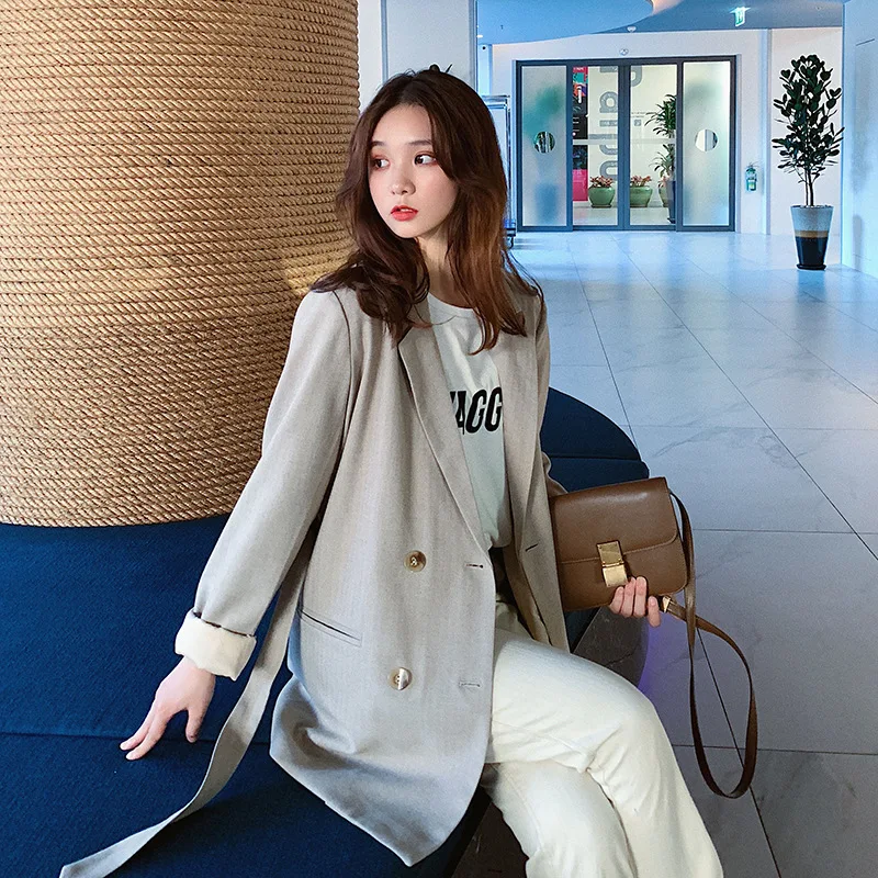 

2019 Autumn New Style Double Breasted Lace-up Small Suit Coat Korean-style V-neck Straight-Cut WOMEN'S Suit Jacket