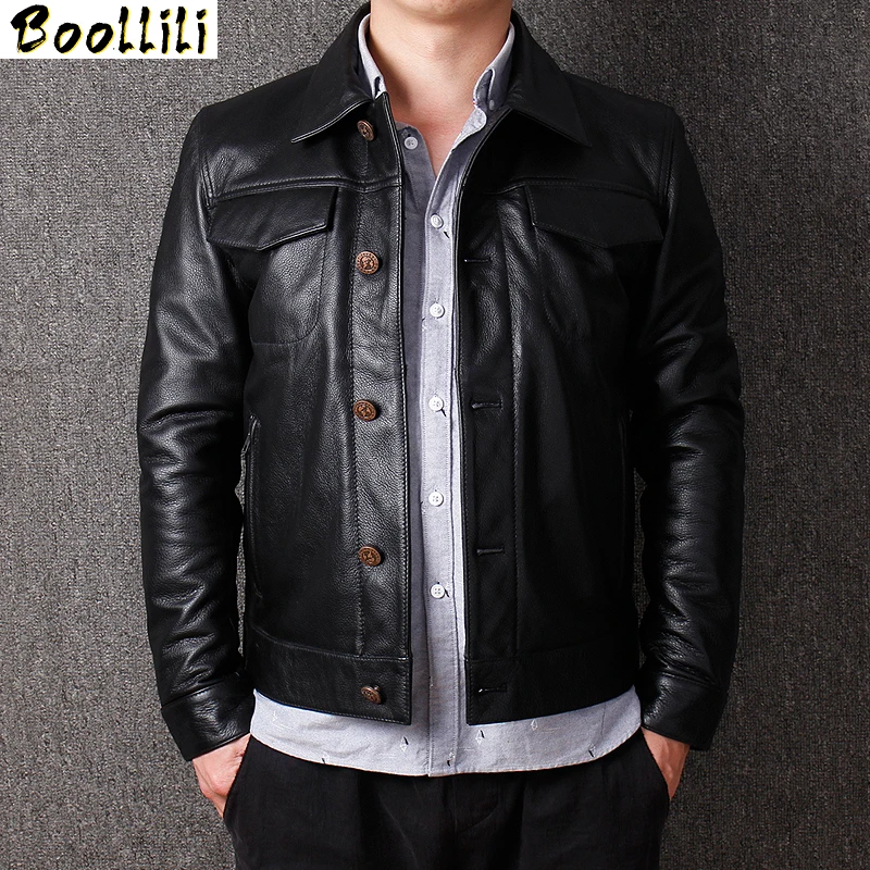 

Boollili Genuine Cow Leather Jacket Men Real Cowhide Leather Coats Single Breasted Short Coat Chaqueta Cuero Hombre