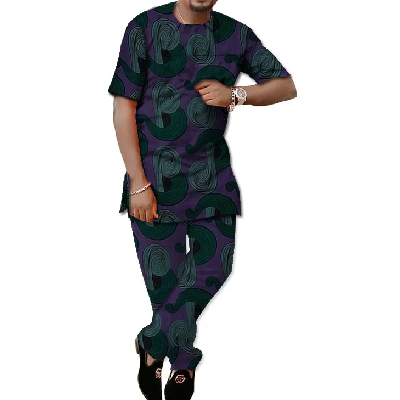 

Traditional Ankara print men suits short sleeve tops with long trouser man's dashiki pant sets tailor made