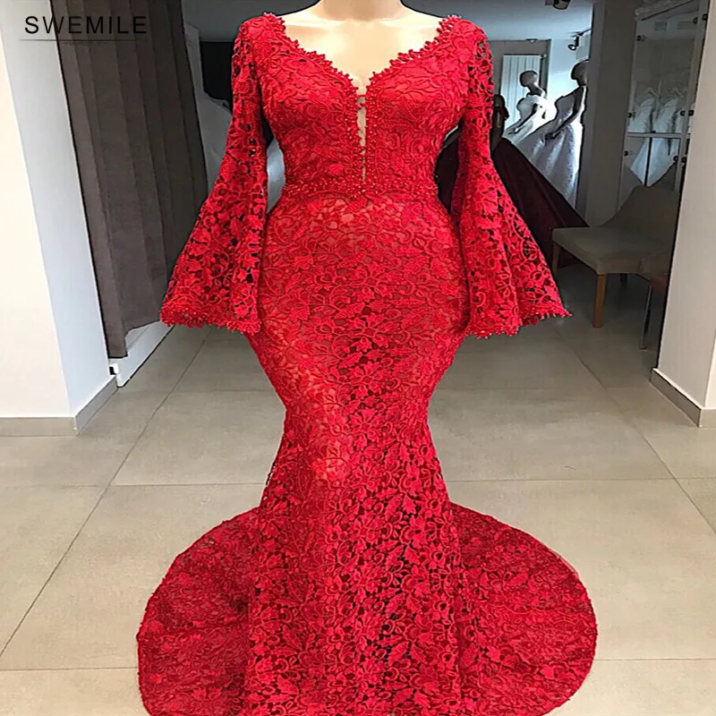 

SWEMILE Sexy Lace Mermaid Bell sleeve Evening Dress 2019 Luxury High Quality Long V-neck Party Dresses Robe de Soiree