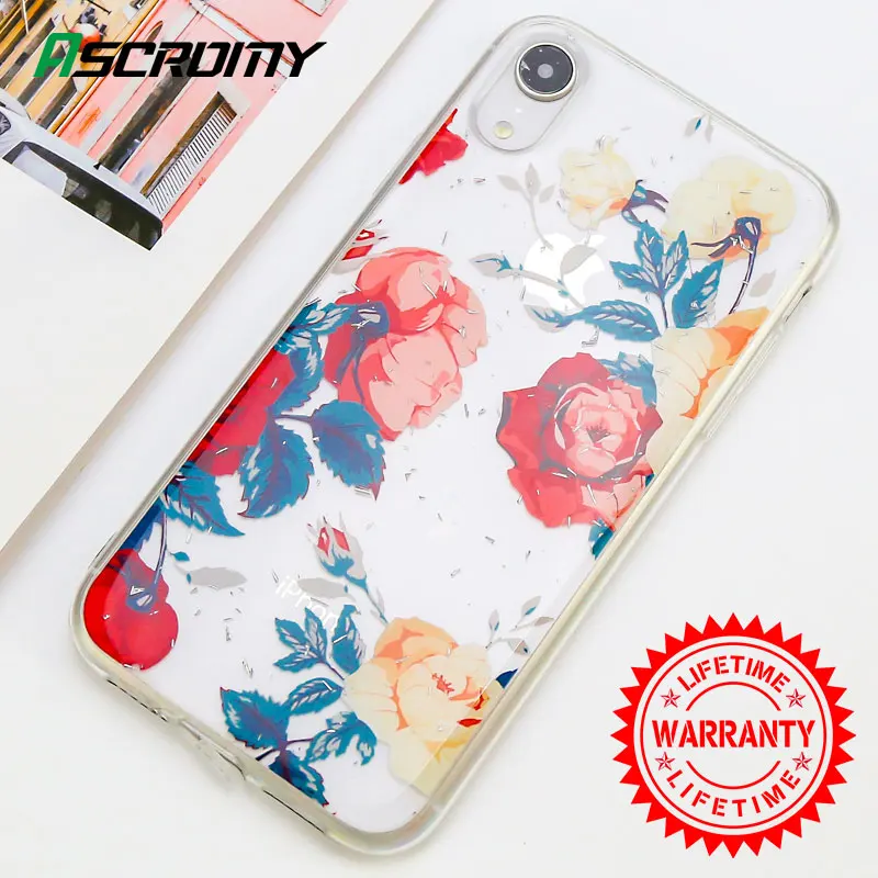 

Glitter Flower Phone Case For Apple iPhone XR X XS Max 8 Plus 7 6 6S Luxury Floral Transparent Silicone Cover Coque Accessories