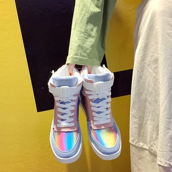 

Autumn Fashion Hip hop High Board Shoes Women Glitter Superstar Trainers Sport Shoes High top Rainbow Women Fluorescent Sneakers
