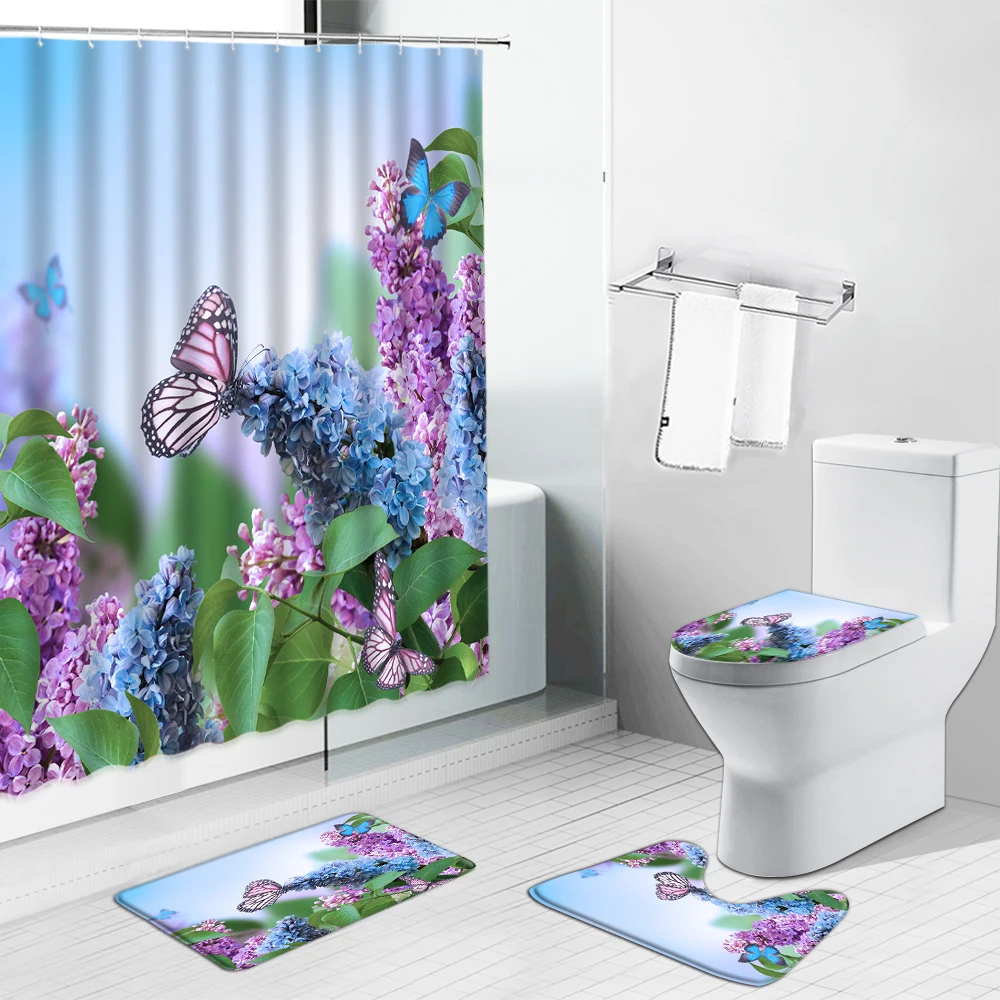 

Flower Butterfly Scenery Shower Curtain Farm Truck Sunflower Tulip Cactus Non-Slip Carpet Toilet Cover Rug Mat Bathroom Curtains