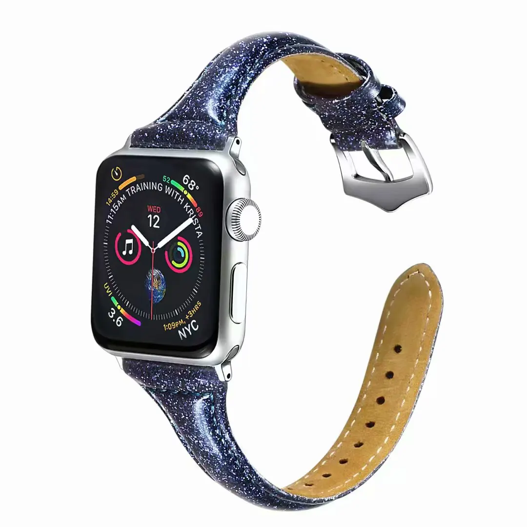 Для наручных часов Apple Watch серии 3/2/1 38 мм 42 мм из блестящей кожи, на платформе, для наручных часов iWatch, сменный ремешок series4 40 мм 44 мм тонкий кабель-браслет на запястье