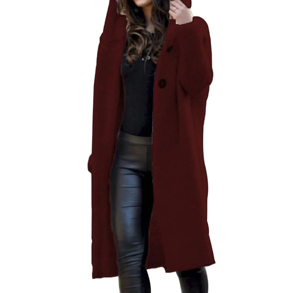 Женский длинный вязаный кардиган с капюшоном свитер однотонный осенний длинный пальто зимнее вязаное пальто плюс размер 5XL повседневная трикотажная одежда - Цвет: deep red