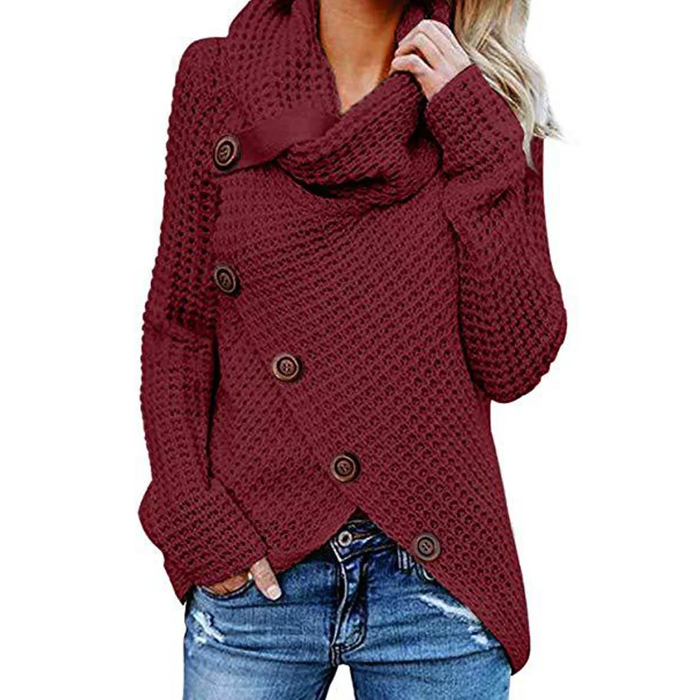 

Black Women Tops Buckle Decoration Irregular Pure Color Pullover Oversize Ladies Casual Knitwear Knitting Tops