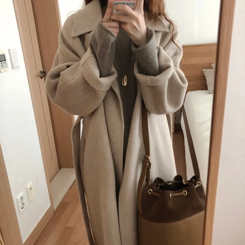 SHENGPALAE, новинка, модное пальто свободного кроя с отложным воротником и поясом, женское повседневное пальто в Корейском стиле, однотонное, высокое манто для женщин FT805