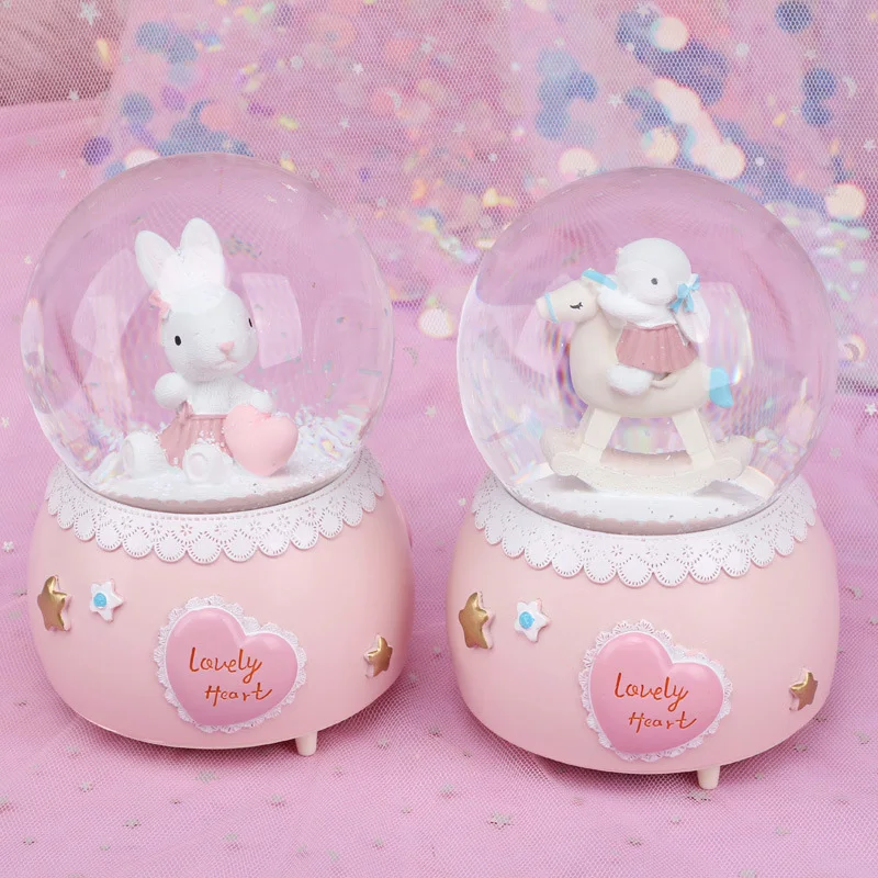 

Creative Cartoon Rabbit Snow Globe Crystal Ball Rotating Music Box Christmas Decoration For Home Home Decoration Accssories