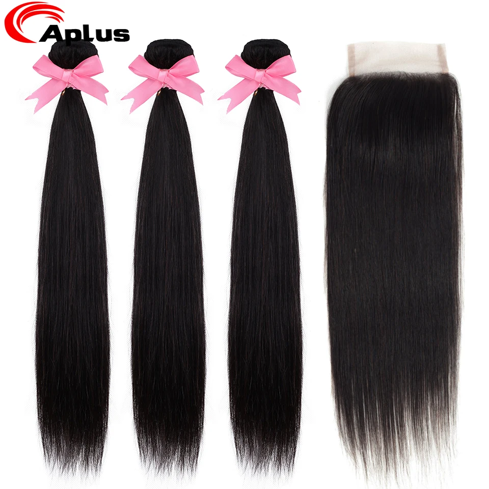 

Aplus Hair Pre-Colored Brazilian Straight Hair Bundles With Closure Natural Black 100% Non Remy Human Hair Bundles 4Pcs/Lot
