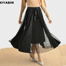 Черная юбка, длинная, стильная, осенне-зимняя,, новая модель, высокая талия, обтягивающие, марлевые, комбинированные, бархатные, плиссированные юбки