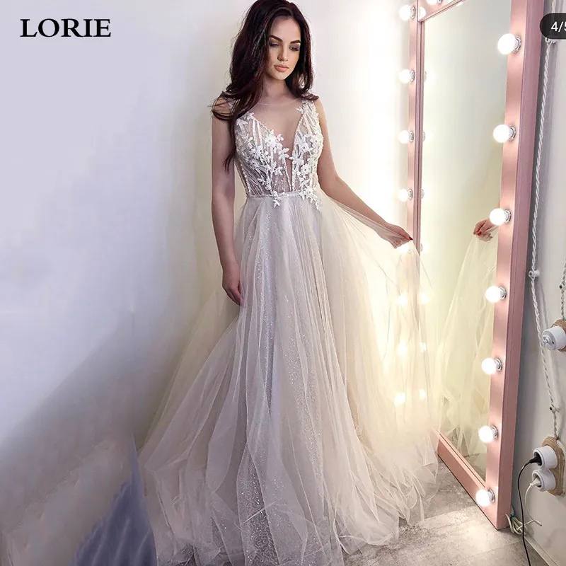 

LORIE Lace Princess Wedding Dress 2020 A Line Glitter Tulle Bridal Gowns Sexy Backless Boho Wedding Gown Plus Size