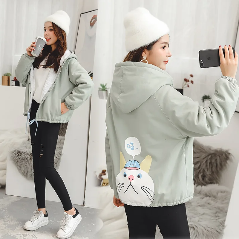 

Photo Shoot 2019 Autumn And Winter Korean-style Versatile Brushed And Thick Mid-length Trench Coat College Style Hooded Printed