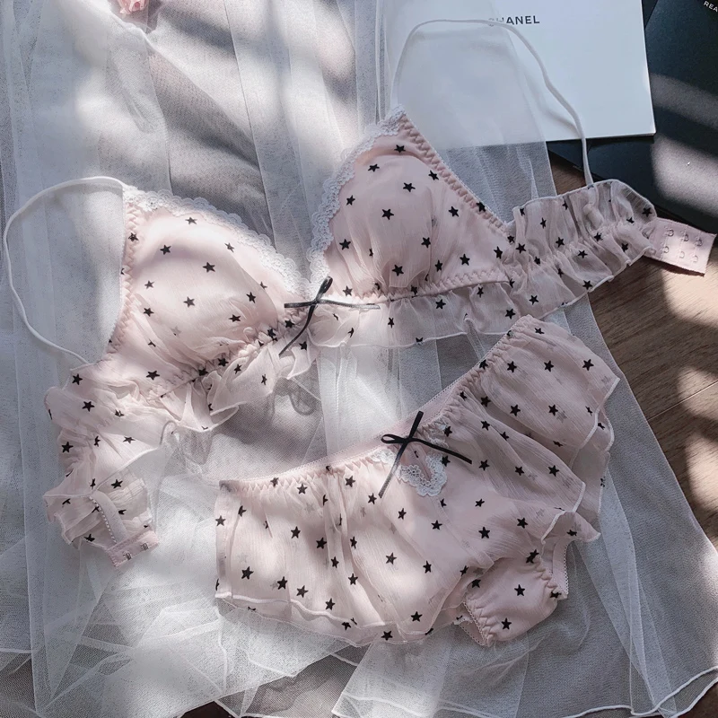 Pink Kawaii нижнее белье для женщин без косточек для молодых девушек SJapaweet бюстгальтер с оборками и трусики Комплект японский сладкий сексуальный кружевной комплект нижнего белья консервативный стиль - Цвет: Pink