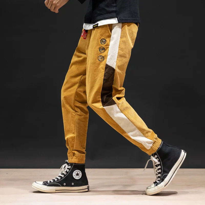 Men Fashion Cotton Corduroy Pants Sweatpants Autumn casual Pants stitching elastic Retro Harem pants tide trousers